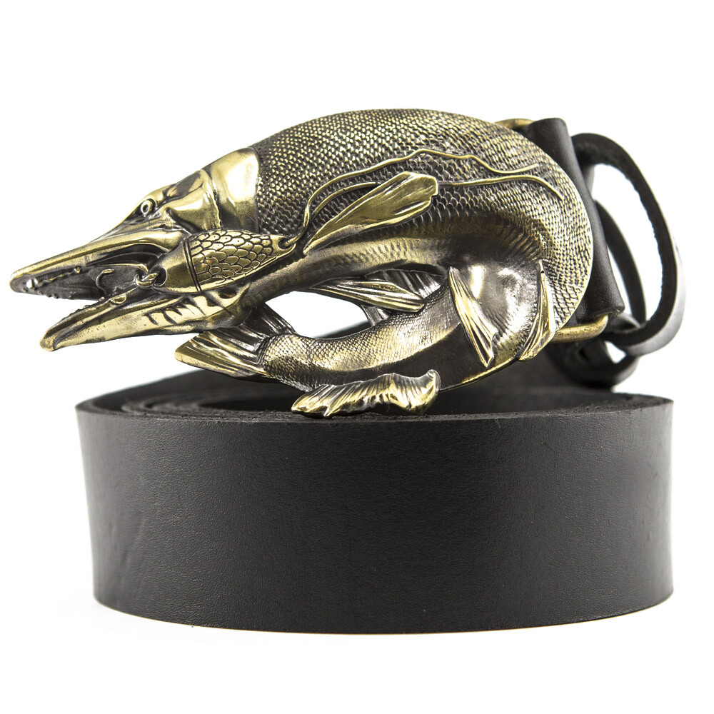 Leather belt with brass buckle Pike, Angler gift trophy fish norther pike  buckle