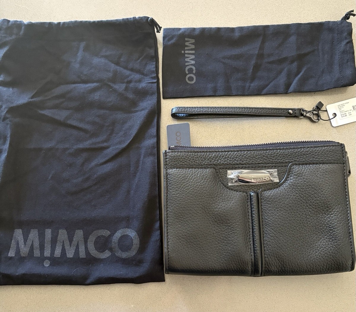 Mimco Everly Medium Black Leather Pouch Gunmetal And Wrist Strap