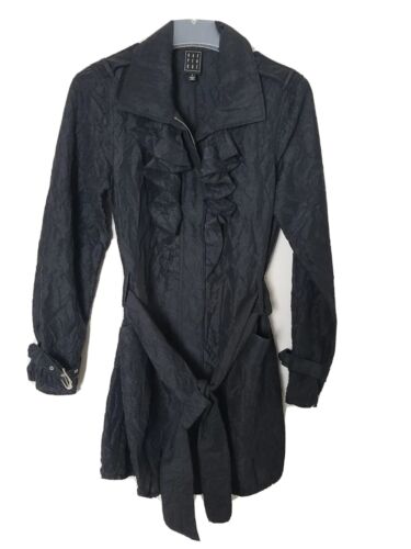 Y2K Due Per Due Size S Women Black Ruffle Zip-UpFront Lightweight Trench/Jacket