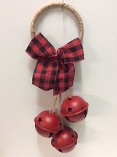 NEW Farmhouse Christmas Door Hanger Doorknob Metal Jingle Bells Bow Jute 12  L