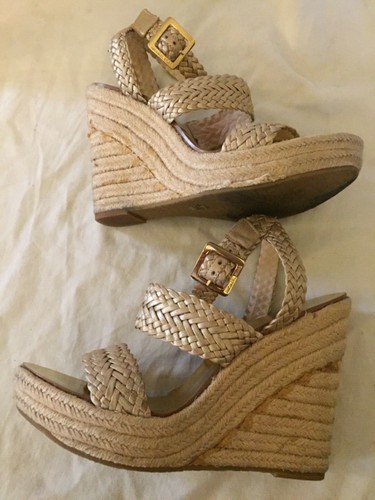 Michael Kors Oro Cuero Tirantes Tobillo Correa Alpargatas Cuña Tacón 9.5 - Imagen 7 de 12