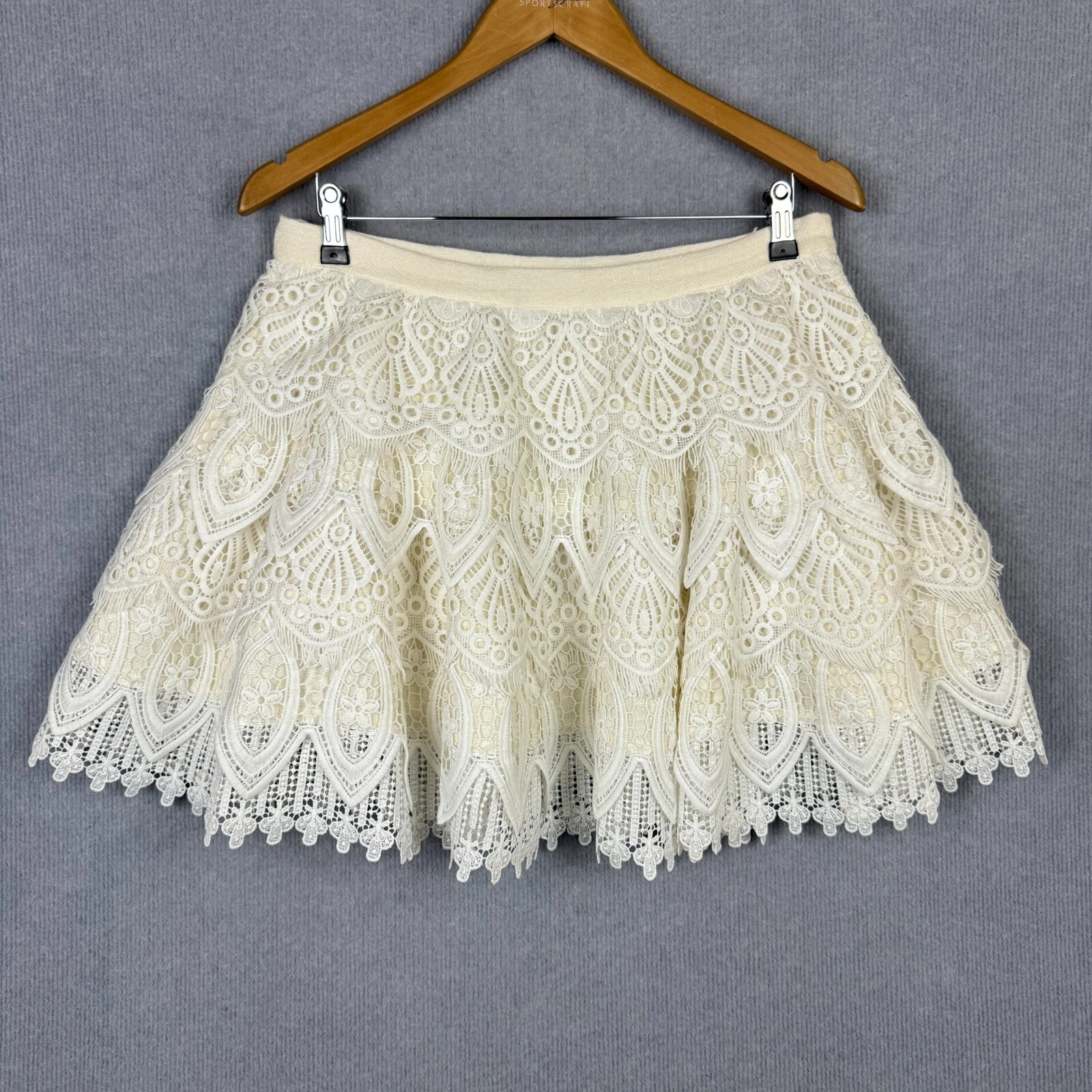 Ixiah Skirt Womens 12 White Lace Tiered Linen Lined Mini Festival