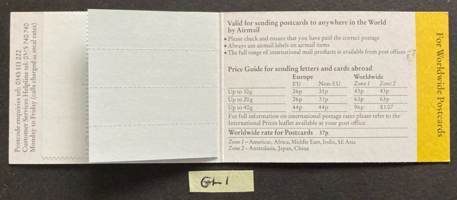 1996 GB £1.48 Barcode Booklet Worldwide Postcard Stamps SG GL1
