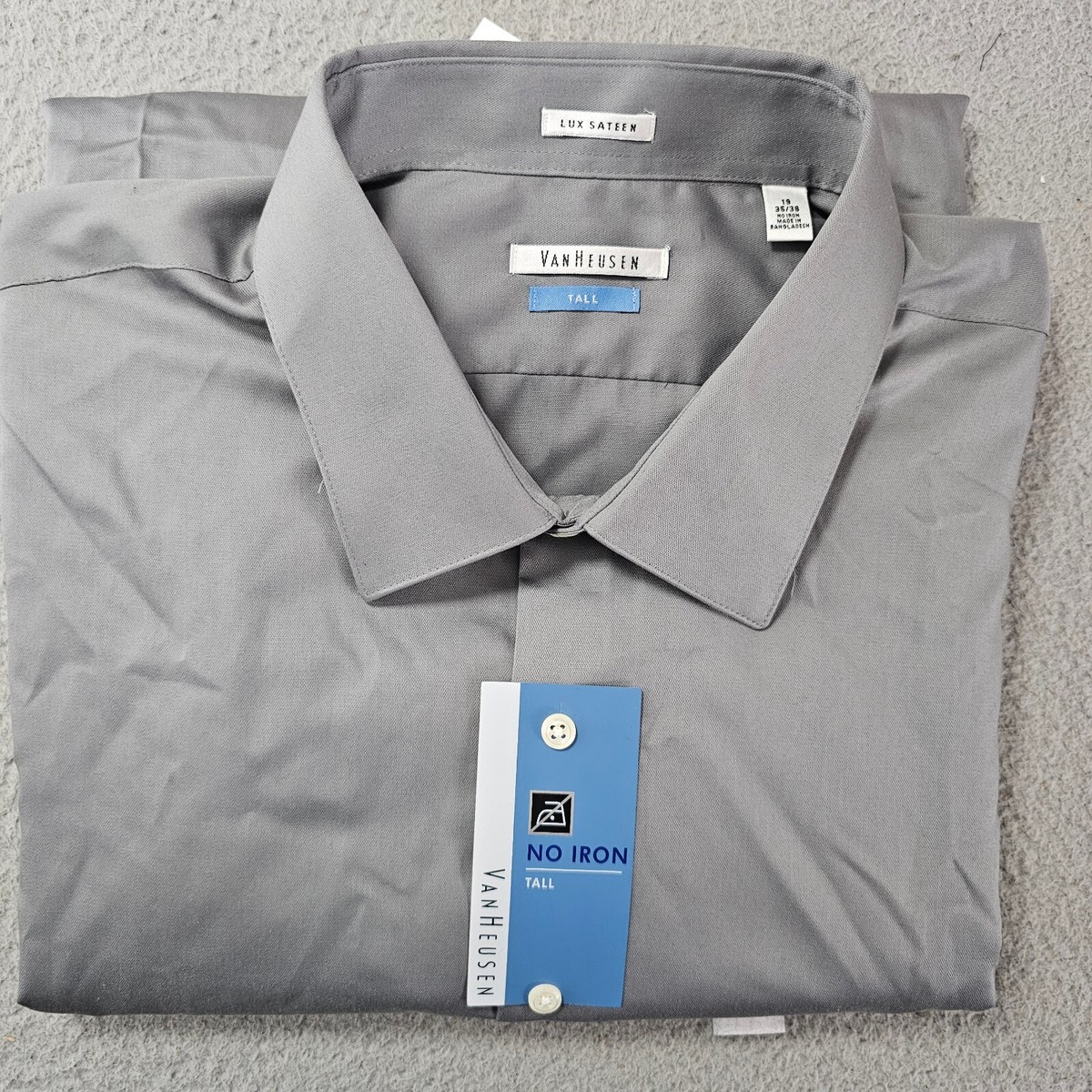 Van Heusen Dress Shirt Mens Size 19 35/36 Tall Grey Lux Sateen