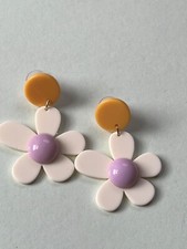Round Mustard Plastic Disk w Cream  Lavender Daisy Flower Dangle Post Earrings