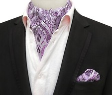 Classic Men's Ascot Cravat Tie Silk Paisley Purple Silver Scarf Cravat Hanky Set