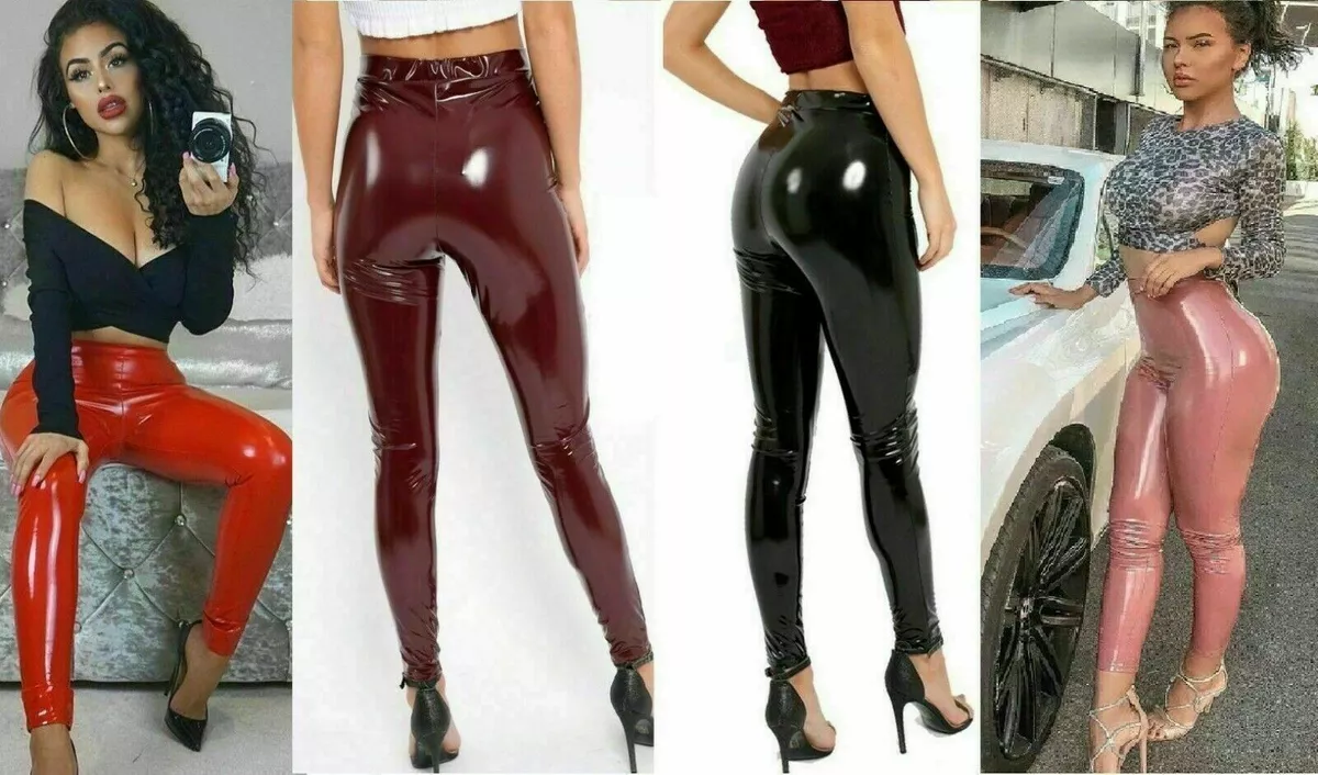 Ladies Wet Look PVC Elasticated Shiny Leather Vinyl Leggings High Waist  Pants