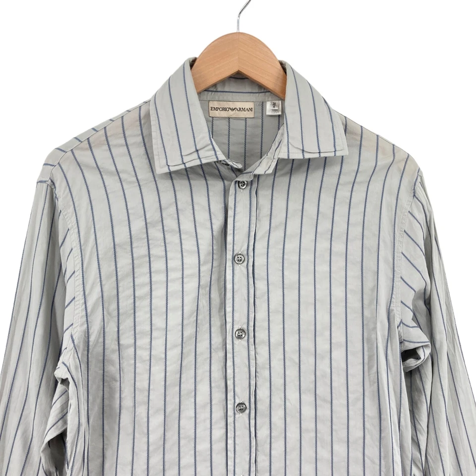 Emporio Armani 纽扣衬衫男式 38 码灰色海军蓝条纹长袖领 — 第 4/4 张图片