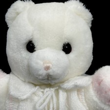 Russ Cuddles Bear Plush Rattle White Pink Paws Nose Sweater 10” Vintage