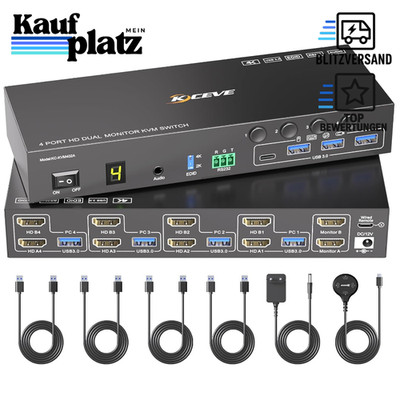 KVM Switch 4 Port HDMI für 2 Monitore 4K@60Hz mit USB 3.0 Ports