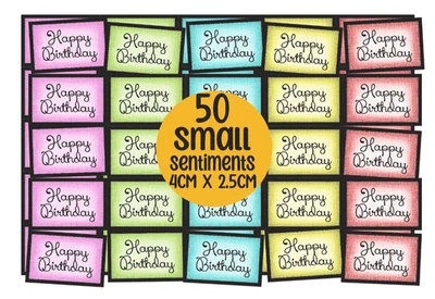 WEDDING WISHES UK 50 SMALL 4CM Happy Birthday Sentiments/Banner Hand Made Card Toppers 5 COLOURS