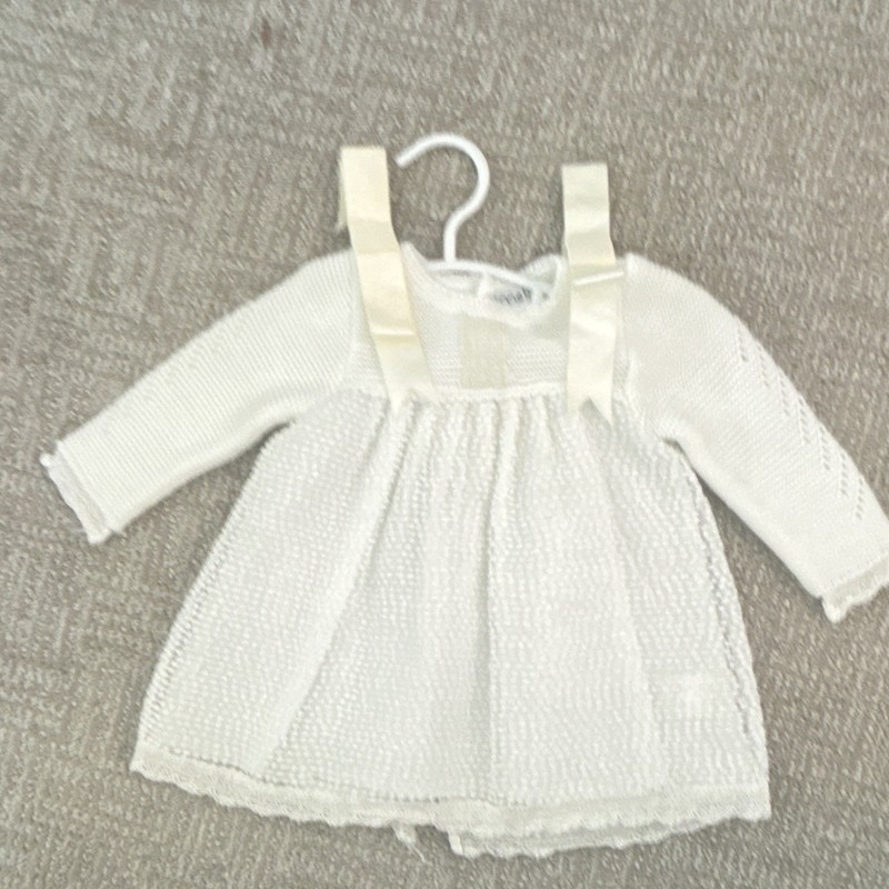Mebi White Knit A-Line Dress 6M Long Sleeve Bow Button Back Formal Party
