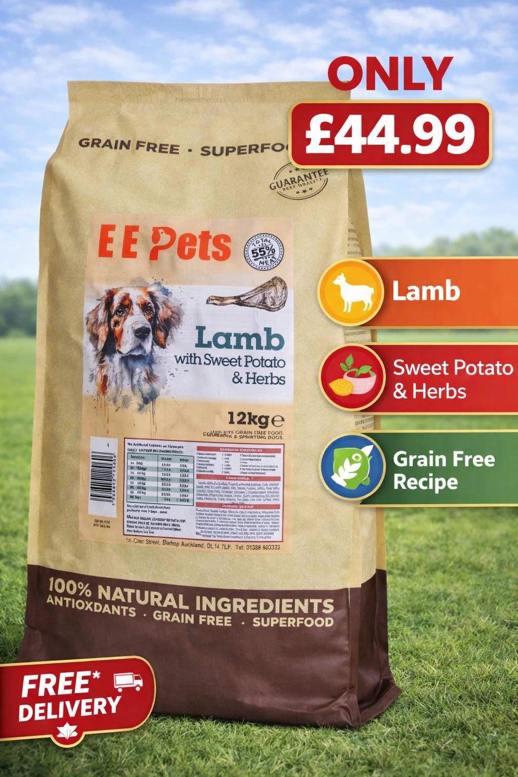 EE Pets Lamb Dog Food 12kg Grain Free 55% Lamb with Sweet Potato & Herbs Dry Dog