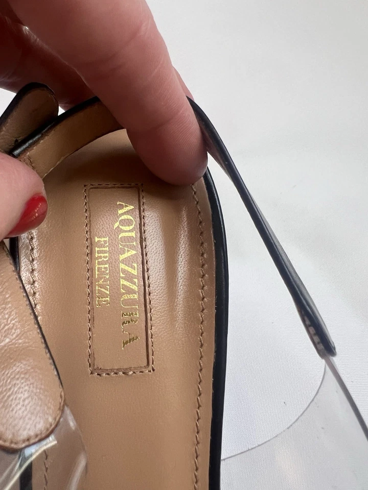 TOTALMENTE NUEVO Aquazurra Óptico Transparente Con Tacones de Cuero Negro Talla 38.5 Foto 4 de 4