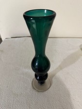 Vintage Mid-Century Modern Empoli Emerald Green Glass Bud Vase - Clear Pedestal