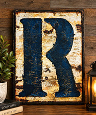 Metal Letter R Wall Plaque Sign, Rustic Distressed Finish, Blue, Hanging