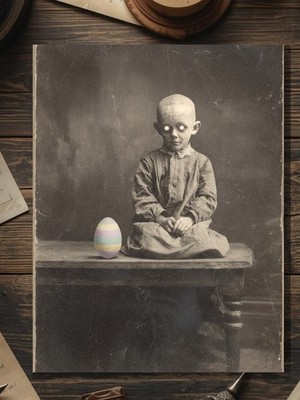 Vintage Victorian Possessed Child With Easter Egg Card Gothic Antique Style Art