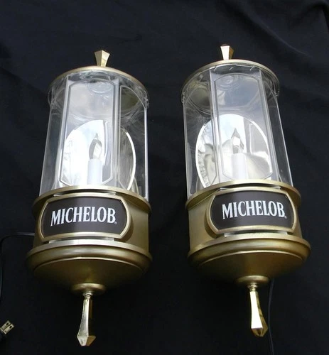 Vintage Pair of Michelob Beer Crystal Candle Sconce Lights Bar Beer Signs NICE