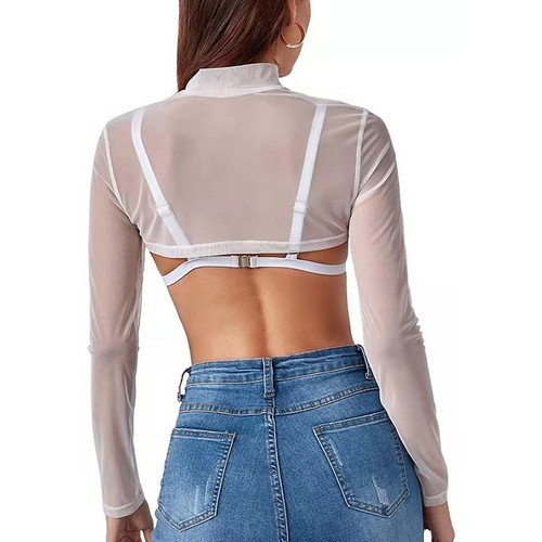 Trendy Women's Ultrathin Long Sleeves Mesh Transparent Crop Tops Blouse Tshirt - Picture 6 of 20