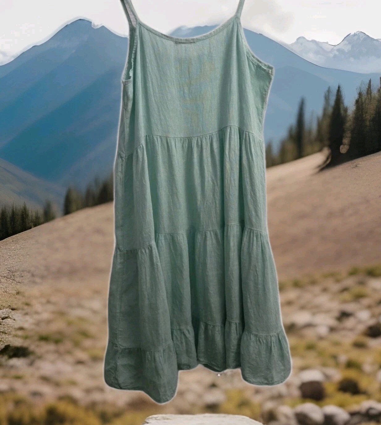 VALENTINO Valentina Naldi prendisole 100% lino verde salvia chiaro a strati Italia tg. S Boho CE