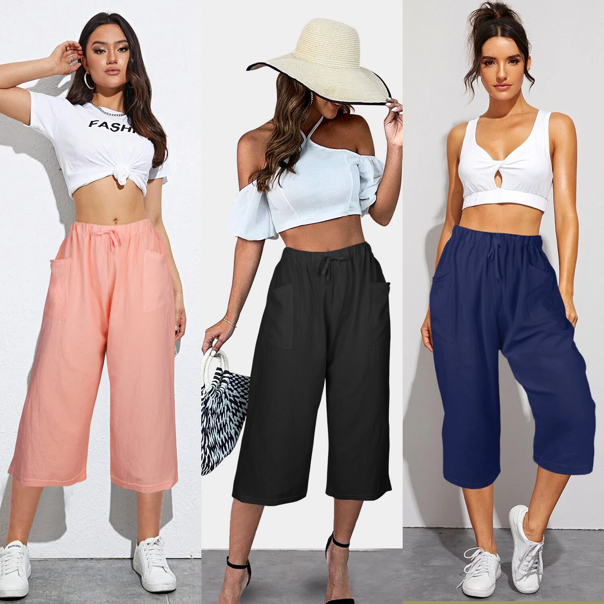 Capri Pants for Women High Waisted Linen Cotton Casual Loose Flowy Pants  Lightweight Relaxed Fit Capris with Pockets