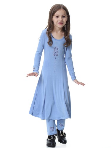 Kids Abaya Muslim Prayer Maxi Dress Girls Pants Robe 2-Piece Set Islamic Kaftan - Picture 16 of 60