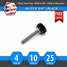  6-32 x 3/4" Thumb Screw Stainless Steel - Black Round Knurled Knob - USA