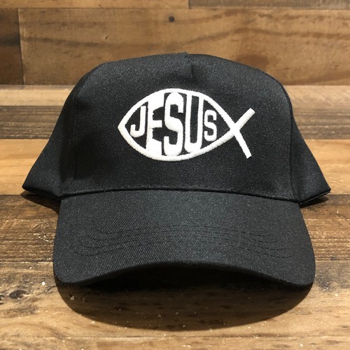 Jesus Hat Strapback Cap Mens Black White Fish Ichthys Logo Lightweight Christian