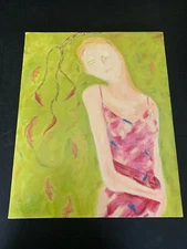 Outsider Art Oil Painting On Canvas Lady by Tree