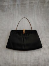 Vtg Satin Black Clutch By Ande Gold Jeweled Closure Chain Strap Small Classic