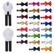 6pc Baby Toddler Boy Formal Necktie Black White Suit Black Pants Satin Bow Tie