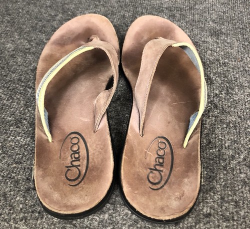 Chaco Womens Sz 10 Yellow Striped & Brown Leather Sandals Flip Flops Thongs EUC - Picture 6 of 9