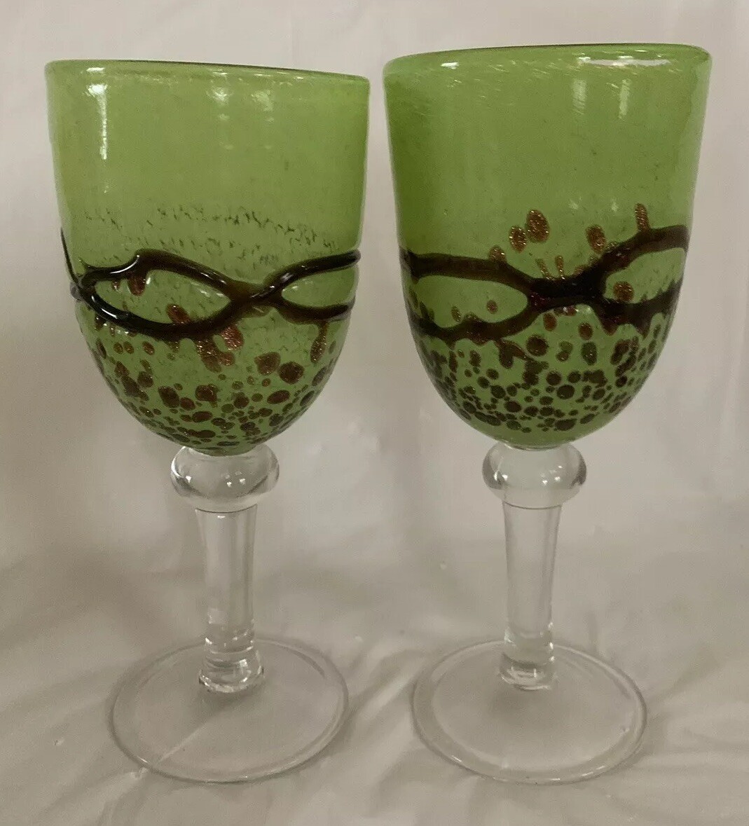 Green & Copper Fused Swirl Art Glass Tall Stemware Water Wine Goblets 8