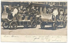 RPPC of 2 Old Multi Passenger Open Touring Cars in Denver 1906 ~ D O & C Co Sign