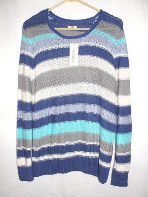 Women's Sonoma Scoop Neck Long Sleeve Blue Striped Pullover Sweater- Size XL-New