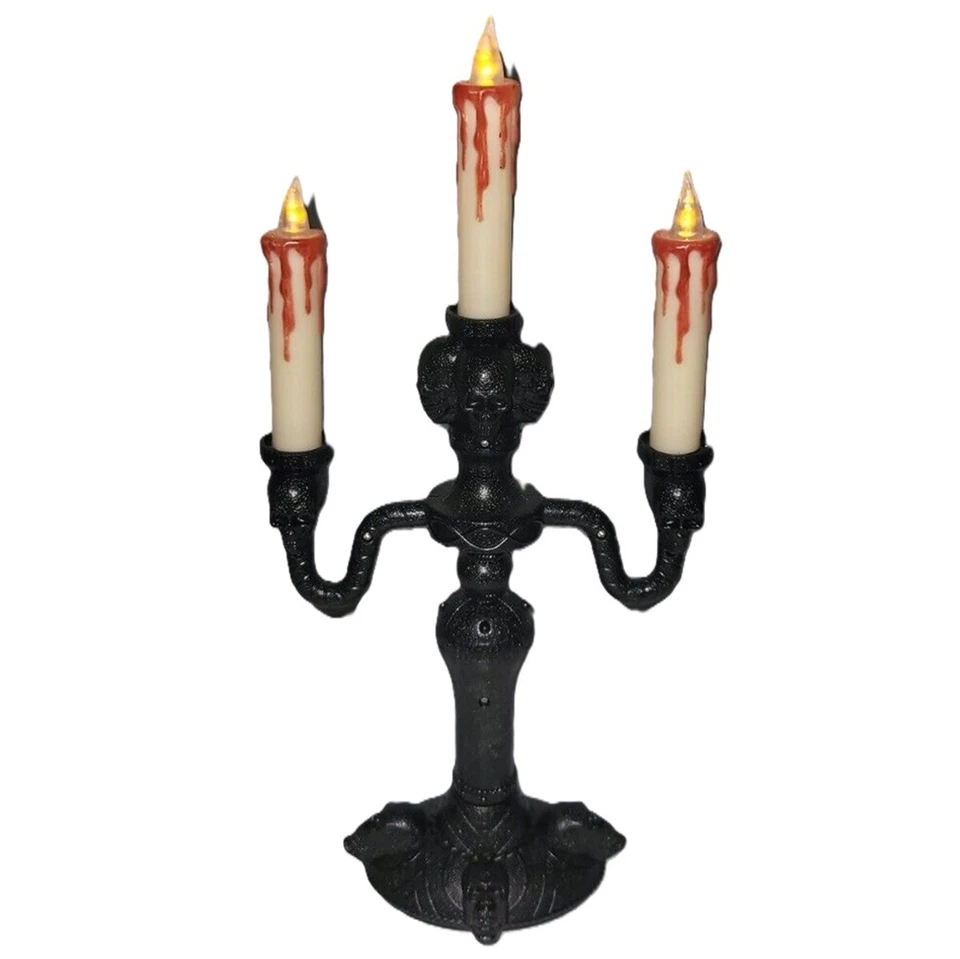 Mansión Gótica Embrujada 3 Luces NEGRO CALAVERA CANDELABRO LED Vela Lámpara Decoración Foto 3 de 4