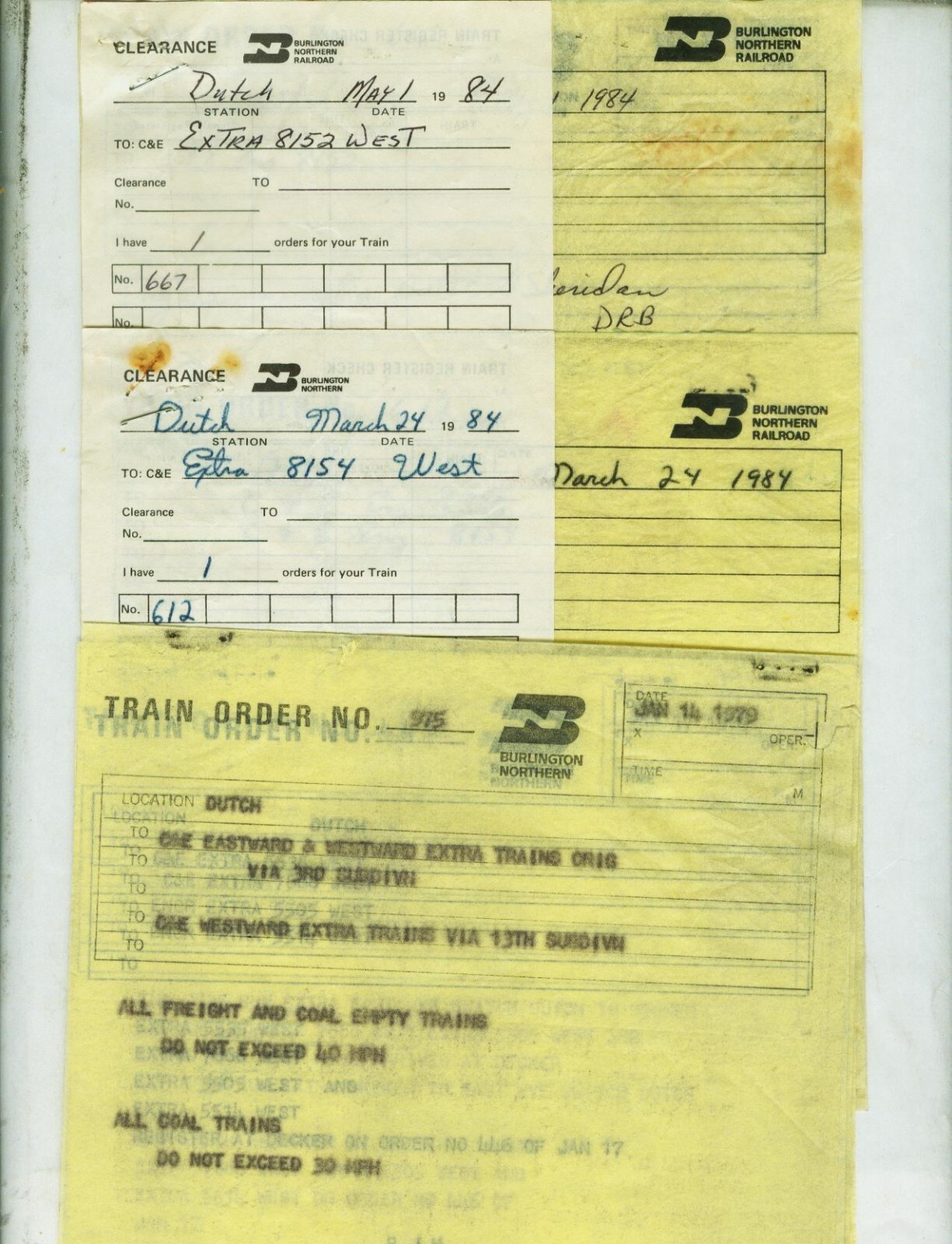 BURLINGTON NORTHERN RAILROAD TRAIN ORDERS (18) DUTCH (SOUTH SHERIDAN ...