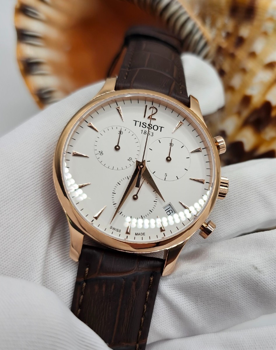 NEW TISSOT MENS WATCH TRADITION LEATHER BROWN STRAP WITH WHITE