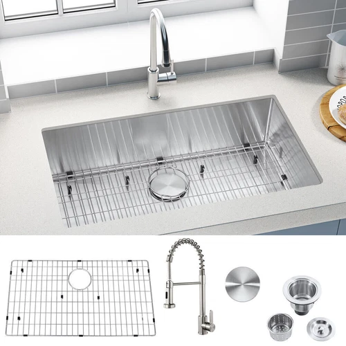 32in Single Bowl Undermount 304 Stainless Steel Kitchen Sink with Faucet US