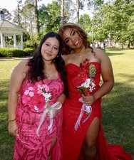 Red Formal Prom Evening Dress Gown with Slit and Elegant Floral Corsage