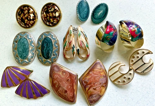 Vintage 8 Pairs Costume Jewelry Earrings Enameled Metals Statement Pierced