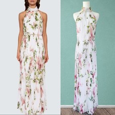 TED BAKER Harmony Pleated Maxi Dress White Pink Sleeveless Mock Neck Party