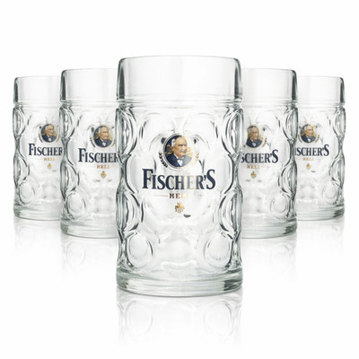 6x Fischers Maßkrug Glas 1l Humpen Seidel Kontur Gläser Geeicht Gastro Brauerei