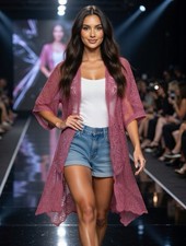 Boho Pink Embroidered Lace Duster Kimono Cardigan Sheer Mesh Beachwear S-M
