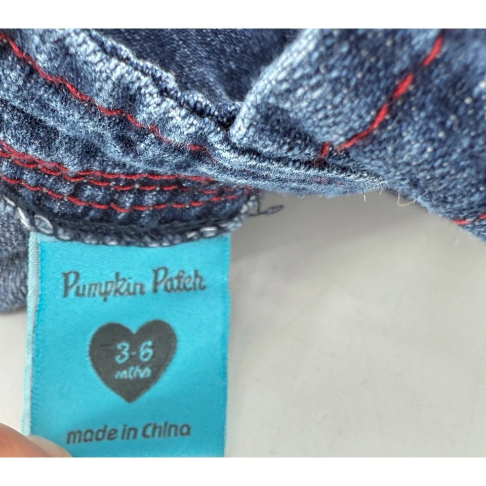 Pumpkin Patch Denim Dress Girls 3-6 Months Pink Floral Pockets Button Back - Image 3 of 4