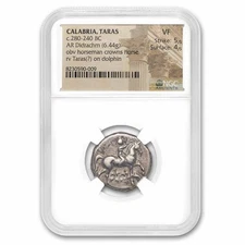 Calabria Taras AR Didrachm Taras on Dolphin (280-240 BC) VF NGC