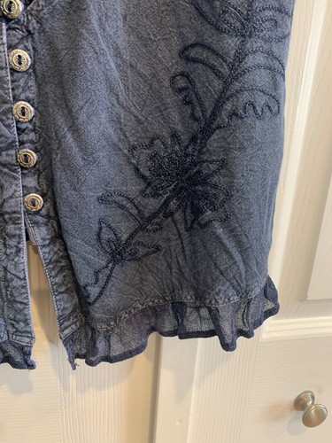 Denim 24/7 Blue Top Silver Buttons Sz 14 Short Slvs Ruffles Lace Western Cowgirl - Picture 4 of 14