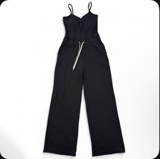 Vuori Pose Henley Jumpsuit Sz S Wide Leg Pants Black Pockets Shelf Bra Stretch