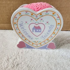 Vtg Emson 3 in Porcelain Heart Shaped Kitchen Sponge Holder "Welcome Friends"