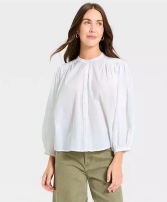 Universal Thread Puff Long Sleeve Banded Collar Neck Lightweight Blouse Size M